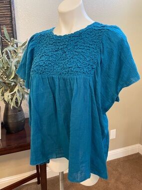 Umgee Teal Blue Smocked Yoke Tunic Top